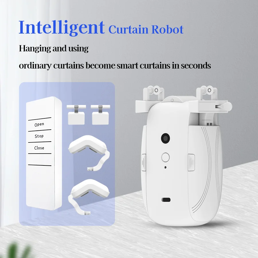 Smart Automatic Curtain Opener 3-in-1 Light Sensor Roman Rod with Remote Control Easy Install Button Home Automation Robot